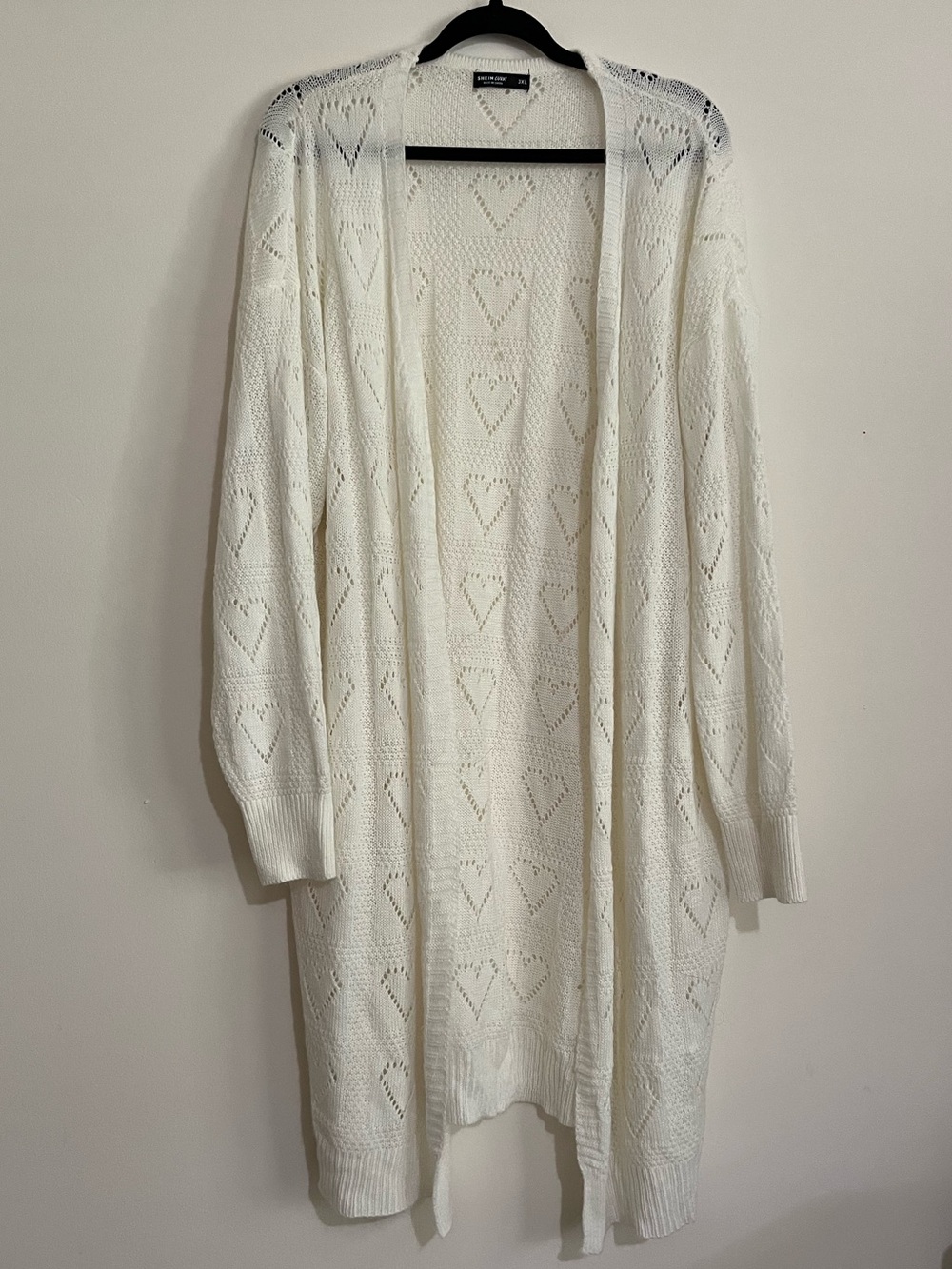 White Knit Crochet Heart Pattern Cardigan Duster